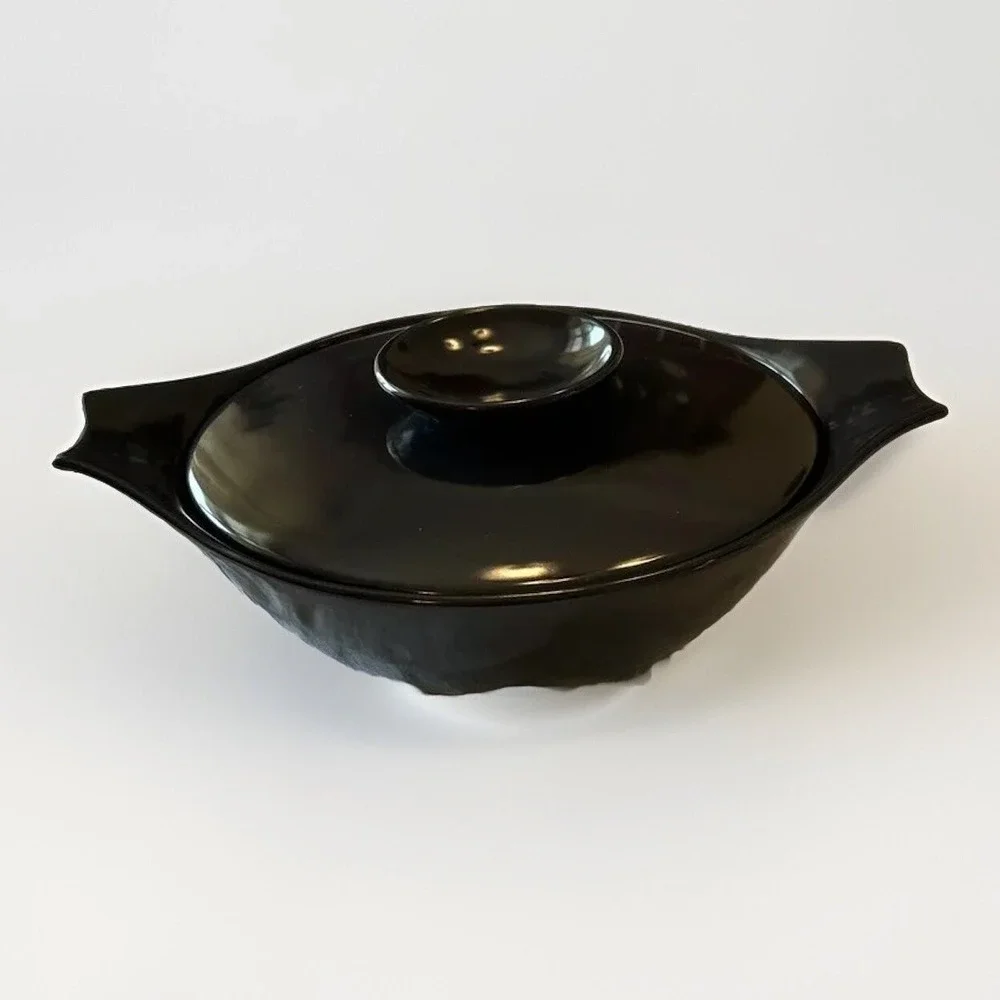 Monterey Pottery Casserole Dish OS Black Lidded Side‎ Handles Retro Kitchen